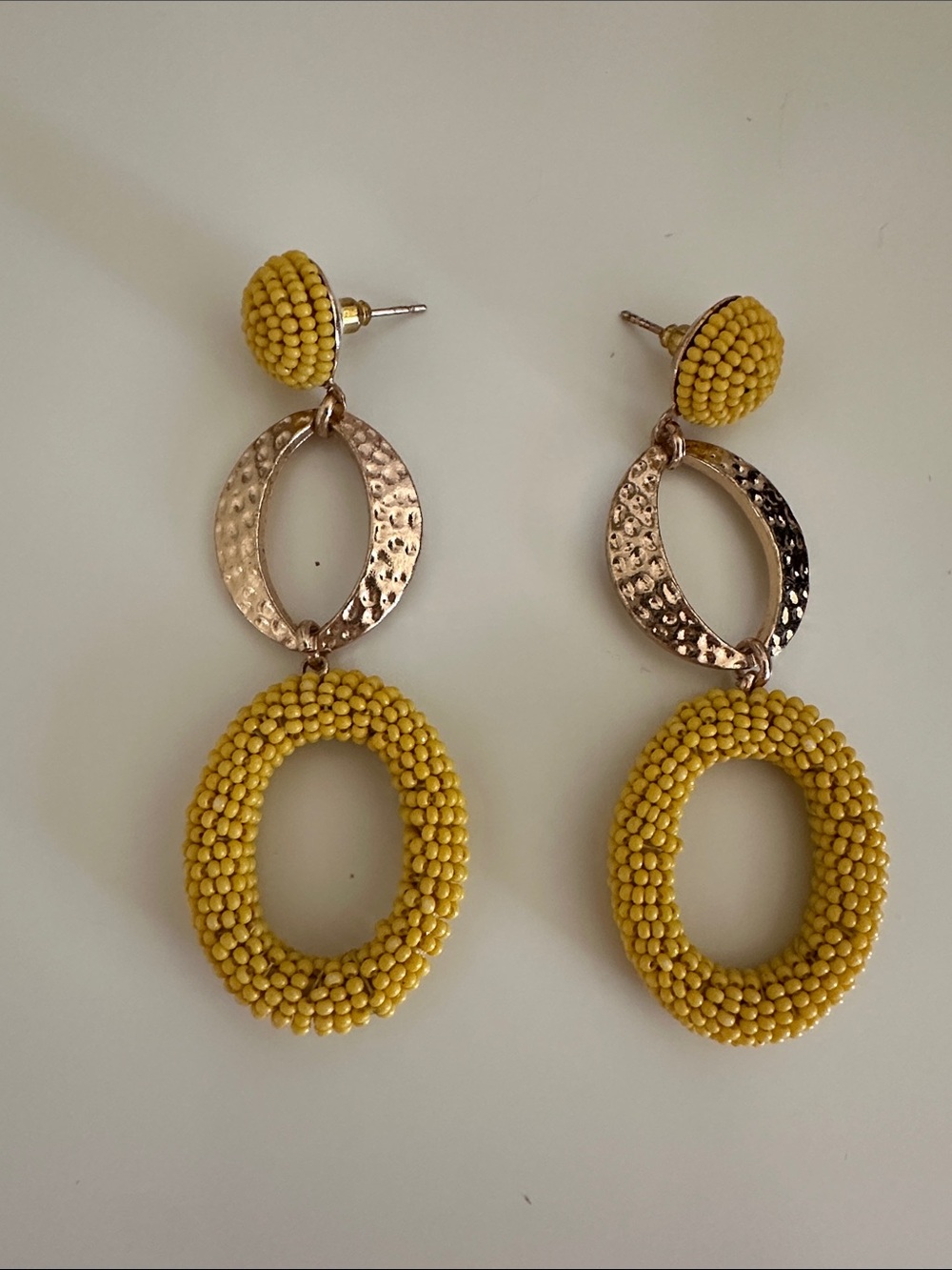 Yellow Beaded Dangle Earrings with Hammered Gold Hoops